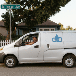 White plumbing van parked on Jefferson Ave in Murrieta, CA in front of suburban homes