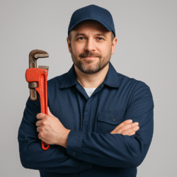 Professional plumber in navy uniform holding red pipe wrench
